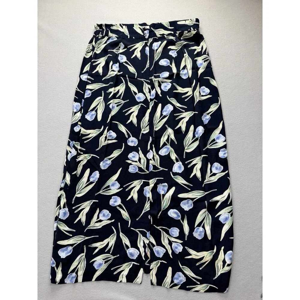 Hillard & Hanson Women’s 1X Blue Floral Rayon Maxi Skirt Made in USA Plus